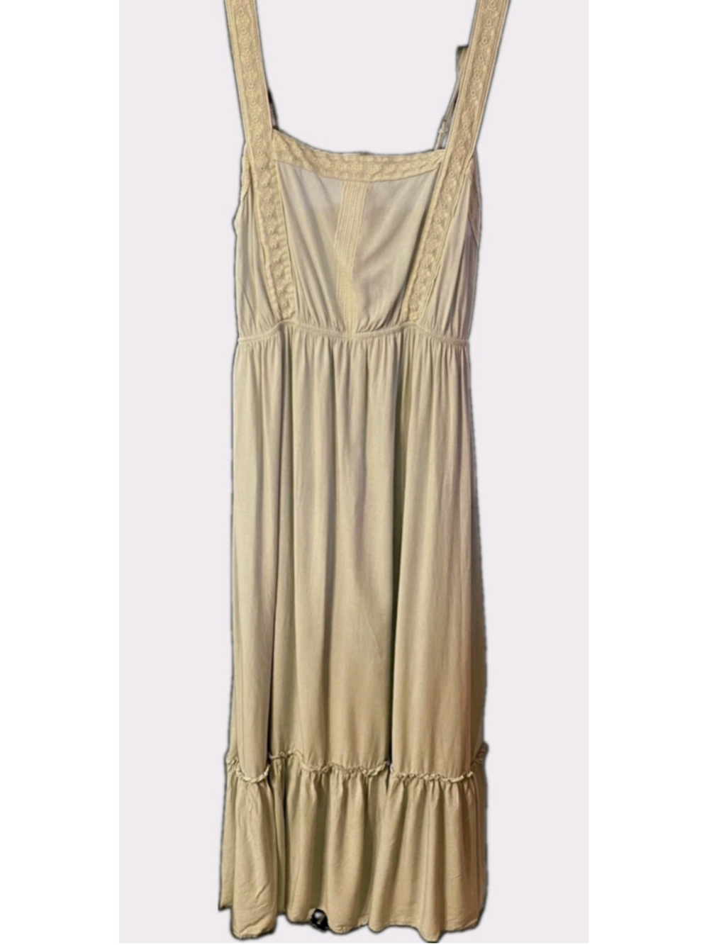 Blu Pepper Light Sage Rayon Maxi Dress S Lace Inset Tiered Boho Cottagecore